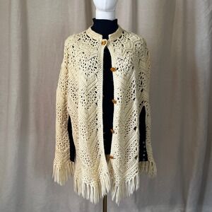 Vintage‎ Ivory Hand Crocheted Fringe Cape Poncho Open Knit Boho 70s Style